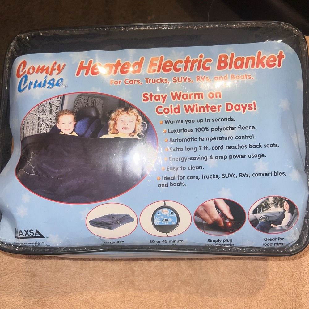 Comfy Cruise Heated Car Blanket w/ Safety Timer Blue NIP Car Plug RV Boat 42x58